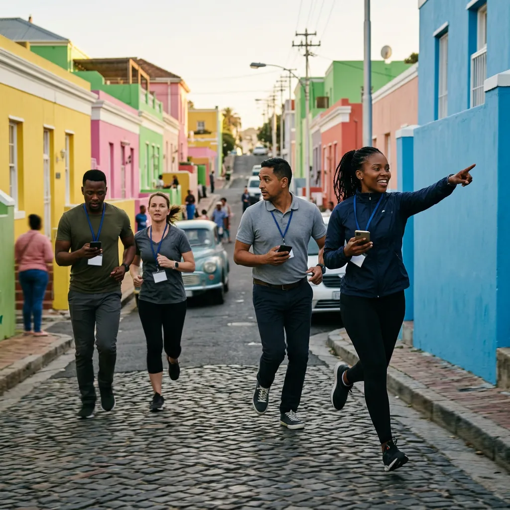 Team Connect participants running through Cape Town streets during The Fugitive experience