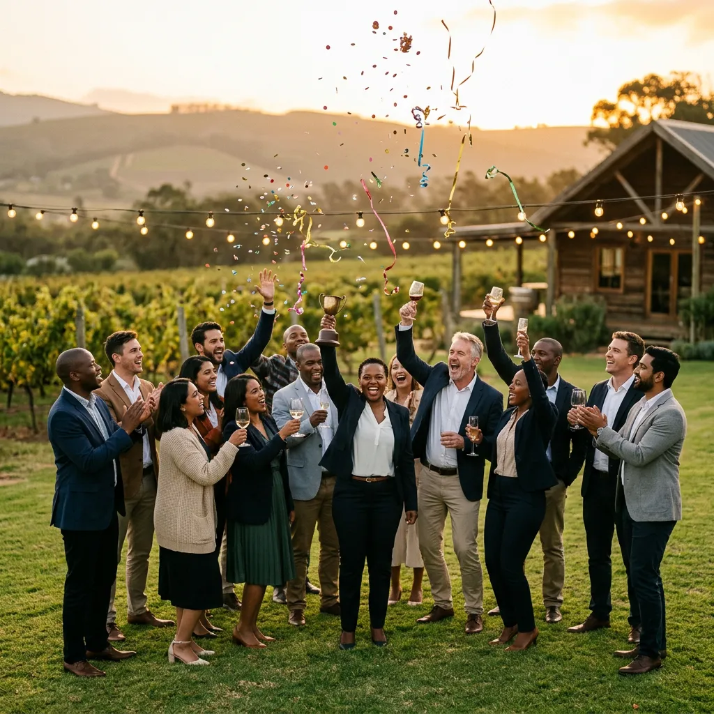 Team Connect group celebrating with raised arms and trophies at a vineyard incentive event