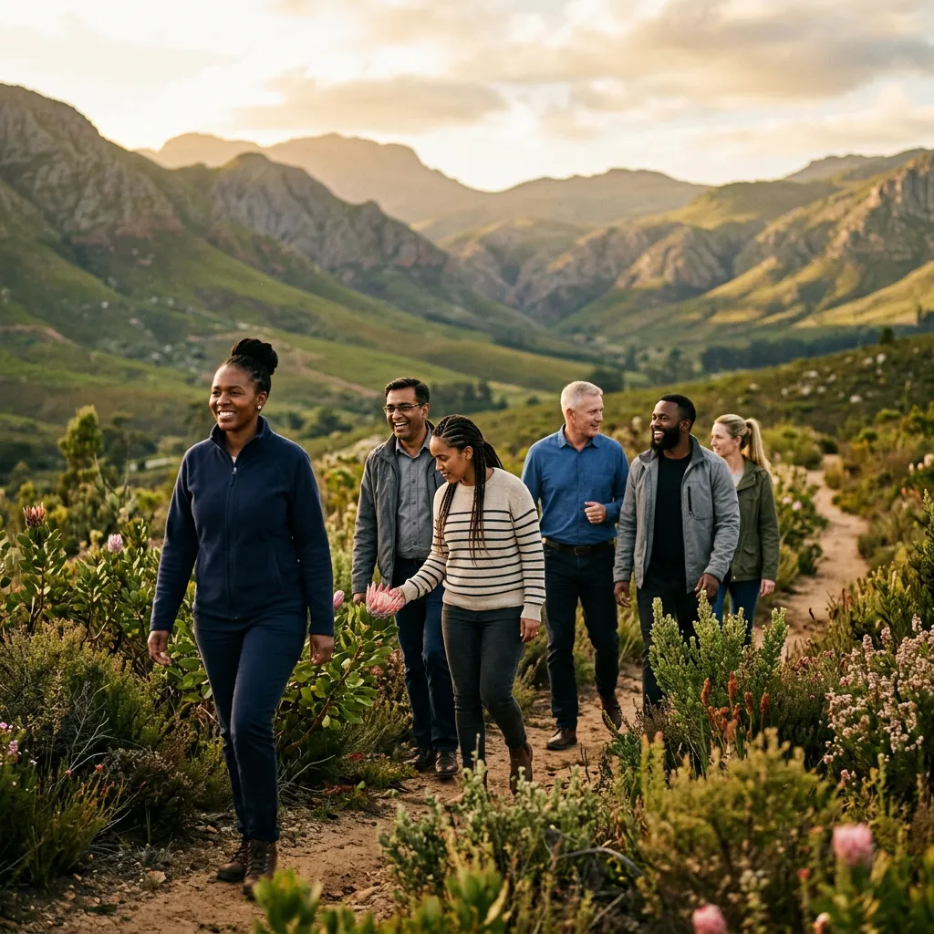 Team Connect group walking a fynbos trail in the Cape Winelands during a Wellness experience